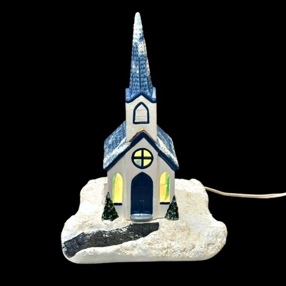 Vintage Christmas Village Snowy Church Chapel 2 Piece Lighted Blue White 11.5" - Picture 1 of 12